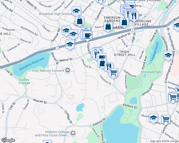 map of restaurants, bars, coffee shops, grocery stores, and more near 30 Sargent Beechwood in Brookline