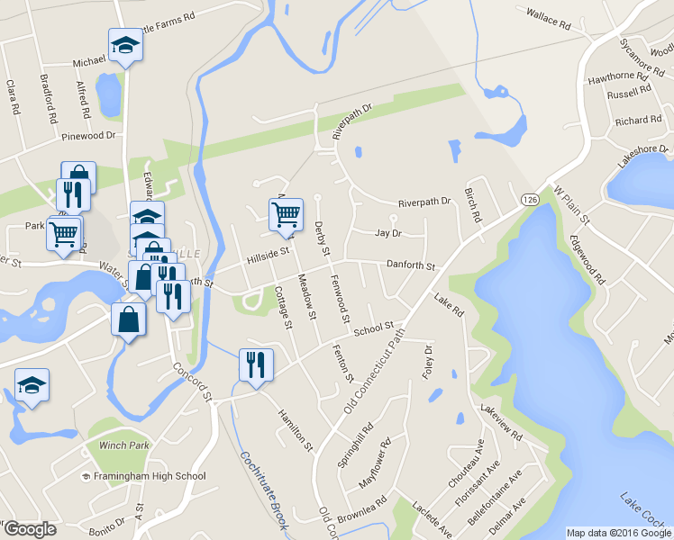map of restaurants, bars, coffee shops, grocery stores, and more near 18 Fenwood Street in Framingham