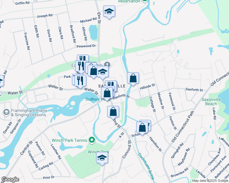 map of restaurants, bars, coffee shops, grocery stores, and more near 18 Danforth Street in Framingham