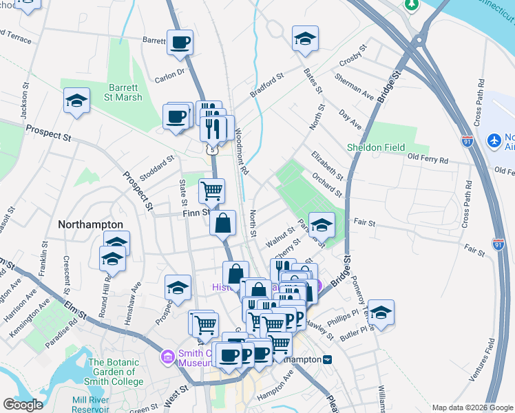 map of restaurants, bars, coffee shops, grocery stores, and more near 68 North Street in Northampton