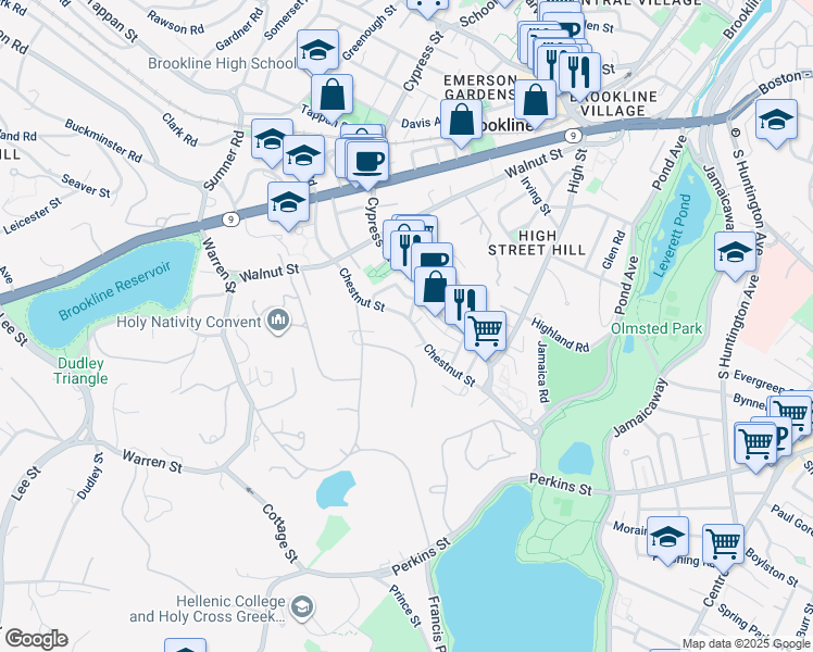 map of restaurants, bars, coffee shops, grocery stores, and more near 110 Chestnut Street in Brookline