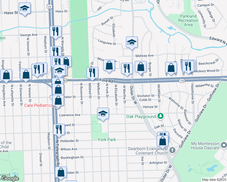 map of restaurants, bars, coffee shops, grocery stores, and more near 2000 North Elizabeth Street in Dearborn