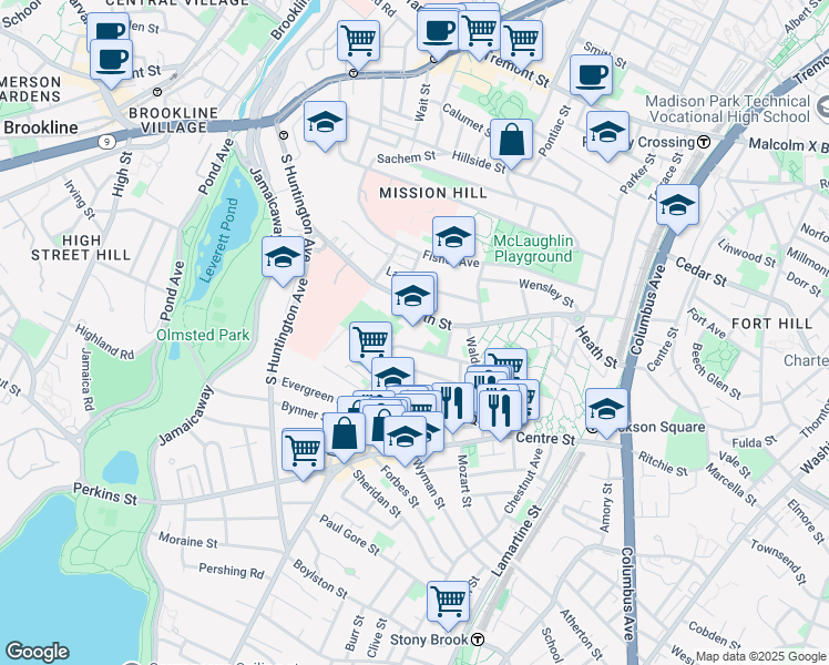 map of restaurants, bars, coffee shops, grocery stores, and more near 200 Heath Street in Boston