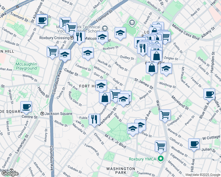 map of restaurants, bars, coffee shops, grocery stores, and more near 38 Thornton Street in Boston