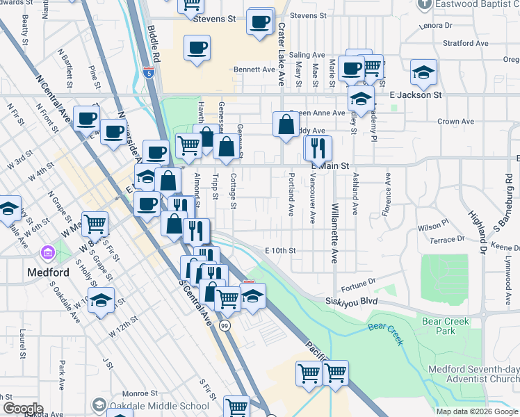 map of restaurants, bars, coffee shops, grocery stores, and more near 836 Taylor Street in Medford