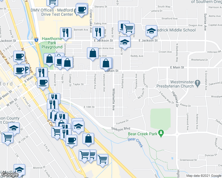 map of restaurants, bars, coffee shops, grocery stores, and more near 110 Willamette Ave in Medford