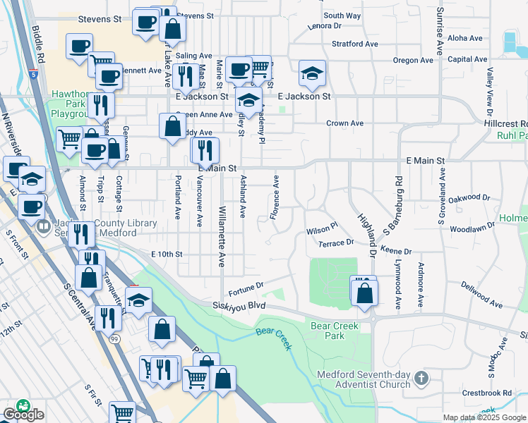 map of restaurants, bars, coffee shops, grocery stores, and more near 204 Medford Heights Lane in Medford