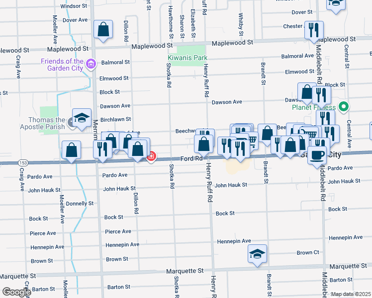 map of restaurants, bars, coffee shops, grocery stores, and more near 30561 Krauter Street in Garden City