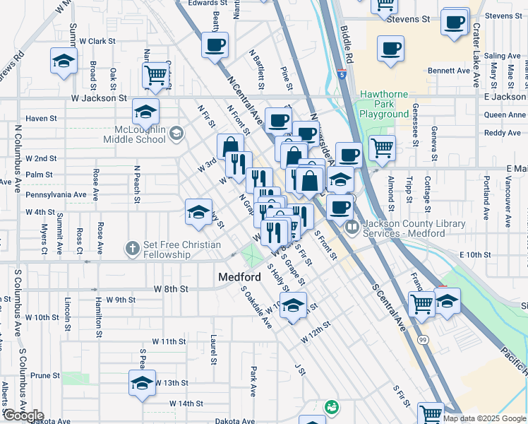 map of restaurants, bars, coffee shops, grocery stores, and more near 132 West Main Street in Medford