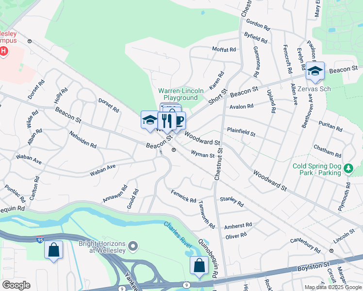 map of restaurants, bars, coffee shops, grocery stores, and more near 69 Wyman Street in Newton