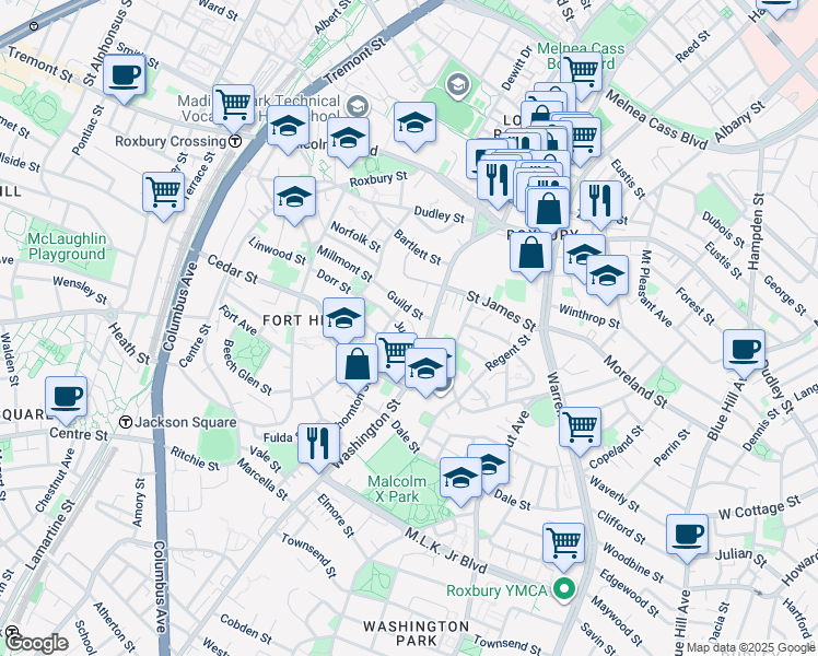 map of restaurants, bars, coffee shops, grocery stores, and more near 2599 Washington Street in Boston