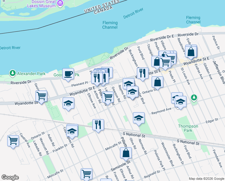 map of restaurants, bars, coffee shops, grocery stores, and more near 846 Lawrence Road in Windsor