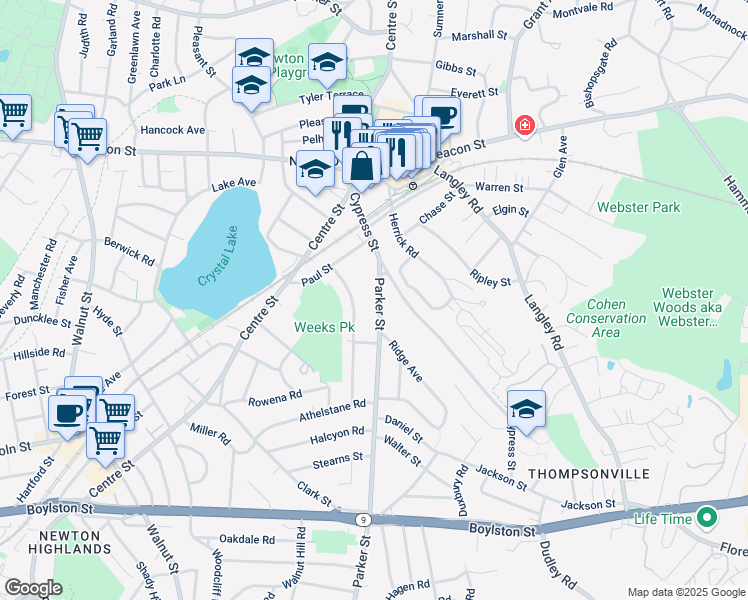 map of restaurants, bars, coffee shops, grocery stores, and more near 41 Parker Street in Newton