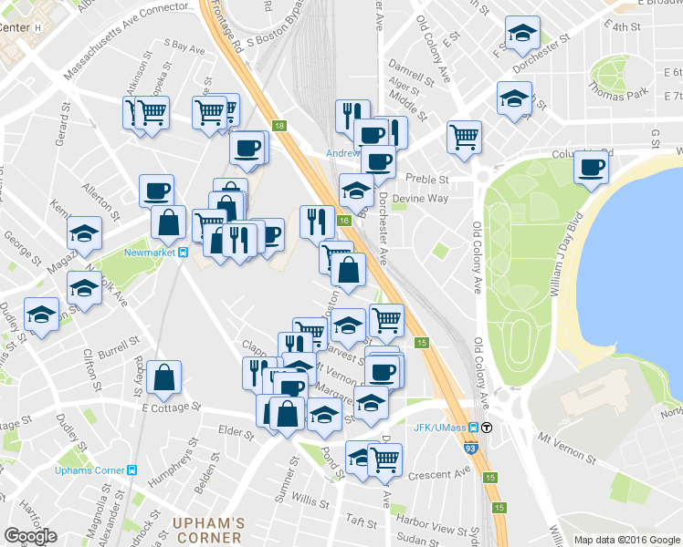 map of restaurants, bars, coffee shops, grocery stores, and more near Boston St & Washburn St in Boston