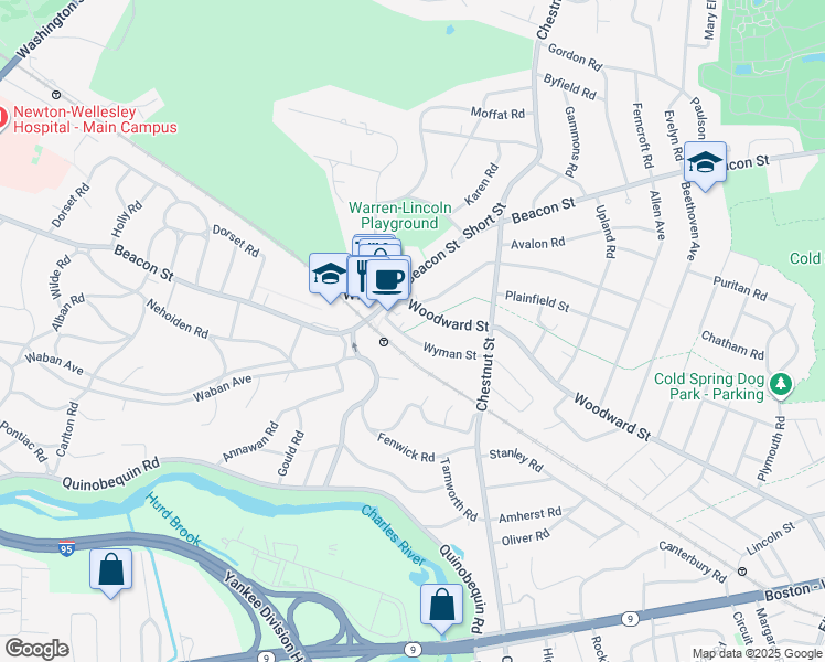 map of restaurants, bars, coffee shops, grocery stores, and more near 52 Wyman Street in Newton