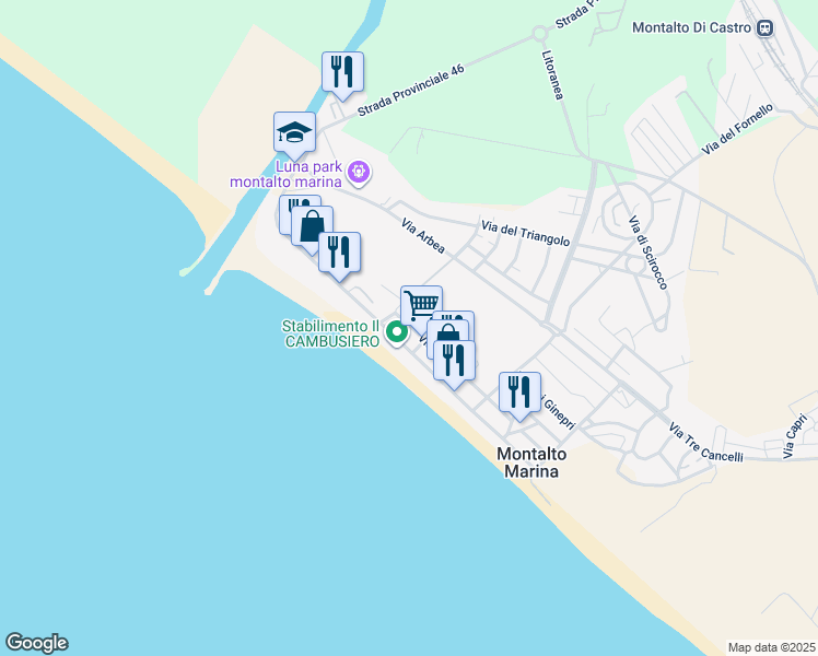 map of restaurants, bars, coffee shops, grocery stores, and more near 109 Lungomare Harmine in Montalto Marina