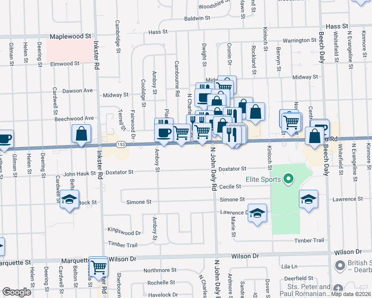 map of restaurants, bars, coffee shops, grocery stores, and more near 26751 Ford Road in Dearborn Heights