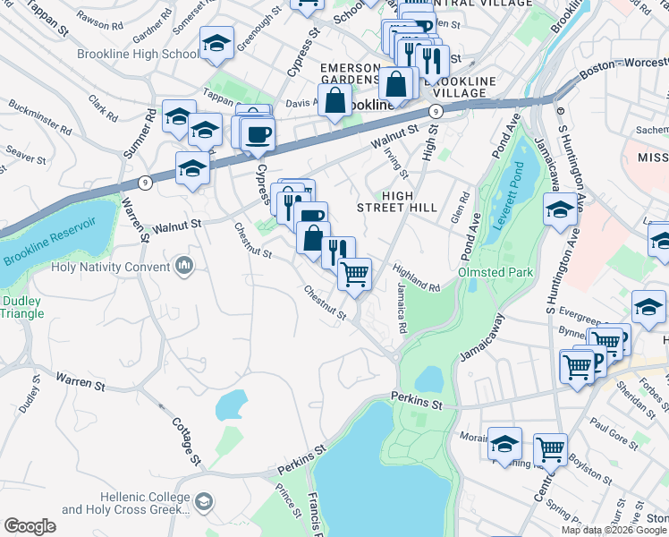 map of restaurants, bars, coffee shops, grocery stores, and more near 100 Franklin Street in Brookline