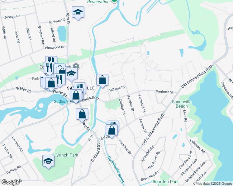 map of restaurants, bars, coffee shops, grocery stores, and more near 77 Cottage Street in Framingham