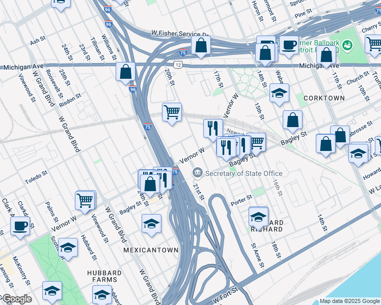 map of restaurants, bars, coffee shops, grocery stores, and more near 1816 21st Street in Detroit
