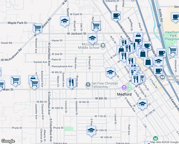 map of restaurants, bars, coffee shops, grocery stores, and more near 101 North Peach Street in Medford