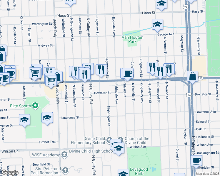 map of restaurants, bars, coffee shops, grocery stores, and more near 25150 Doxtator Street in Dearborn