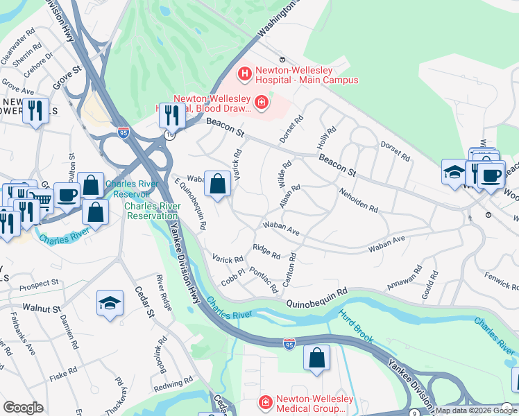 map of restaurants, bars, coffee shops, grocery stores, and more near 321 Waban Avenue in Newton