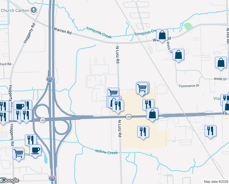 map of restaurants, bars, coffee shops, grocery stores, and more near 5805 North Lotz Road in Canton