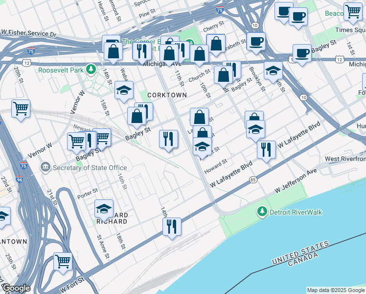 map of restaurants, bars, coffee shops, grocery stores, and more near 1914 Porter Street in Detroit