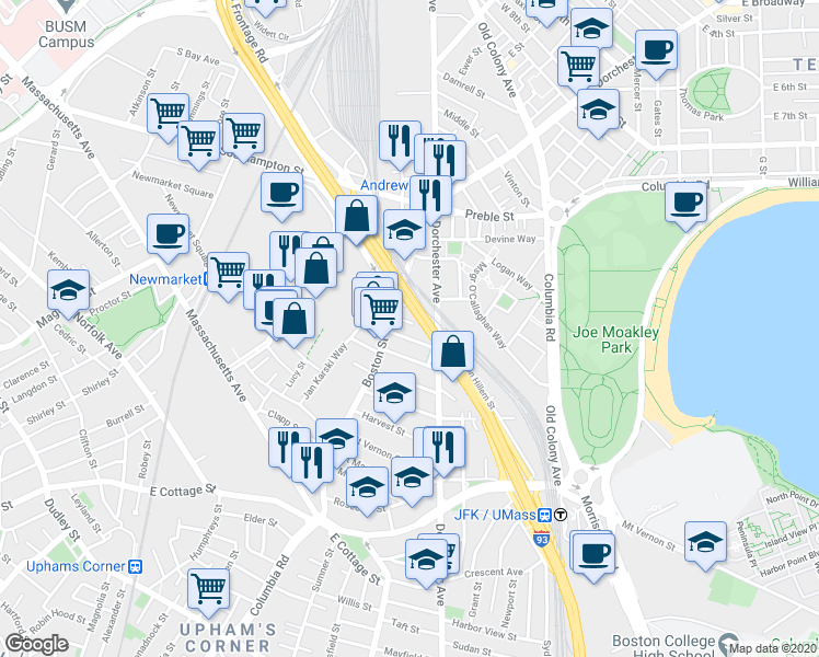 map of restaurants, bars, coffee shops, grocery stores, and more near 26 Washburn Street in Boston
