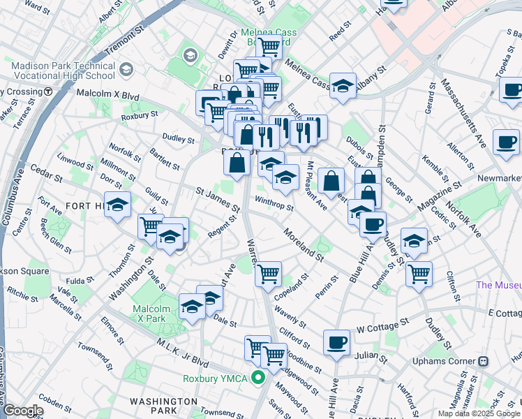map of restaurants, bars, coffee shops, grocery stores, and more near 23 Moreland Street in Boston
