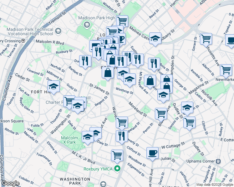 map of restaurants, bars, coffee shops, grocery stores, and more near 23 Moreland Street in Boston