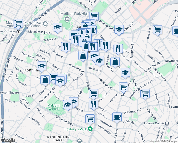 map of restaurants, bars, coffee shops, grocery stores, and more near 36 Dabney Place in Boston
