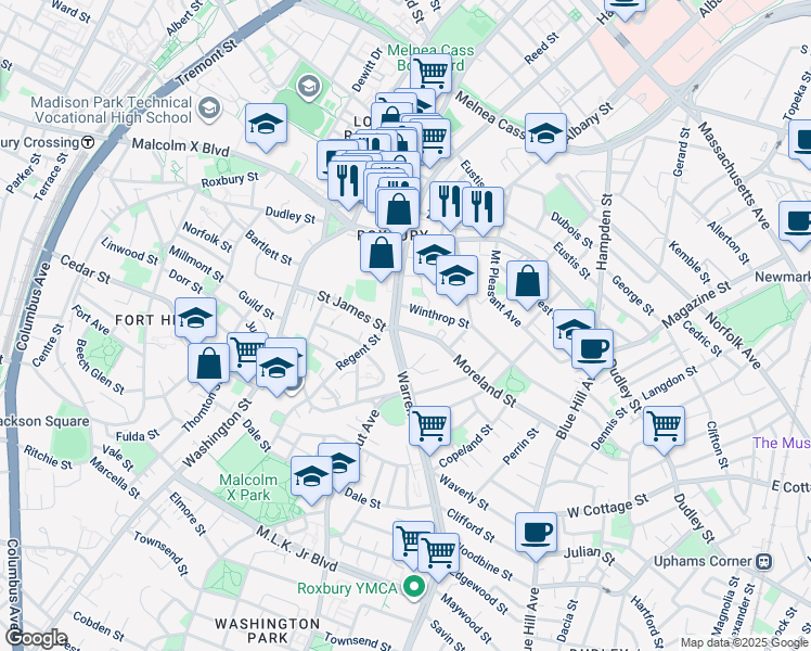 map of restaurants, bars, coffee shops, grocery stores, and more near 36 Dabney Place in Boston
