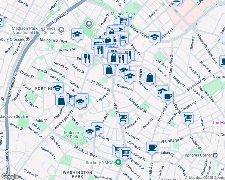 map of restaurants, bars, coffee shops, grocery stores, and more near 36 Dabney Place in Boston