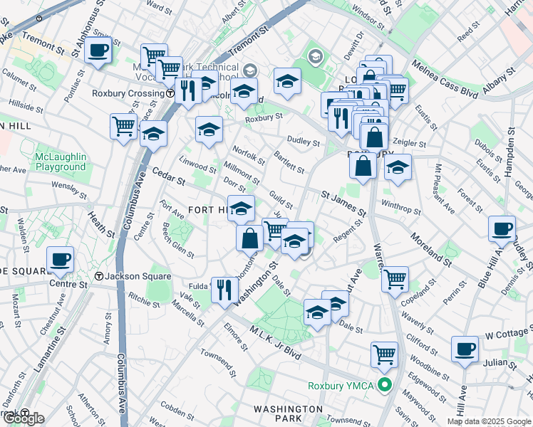 map of restaurants, bars, coffee shops, grocery stores, and more near 38 Thornton Street in Boston