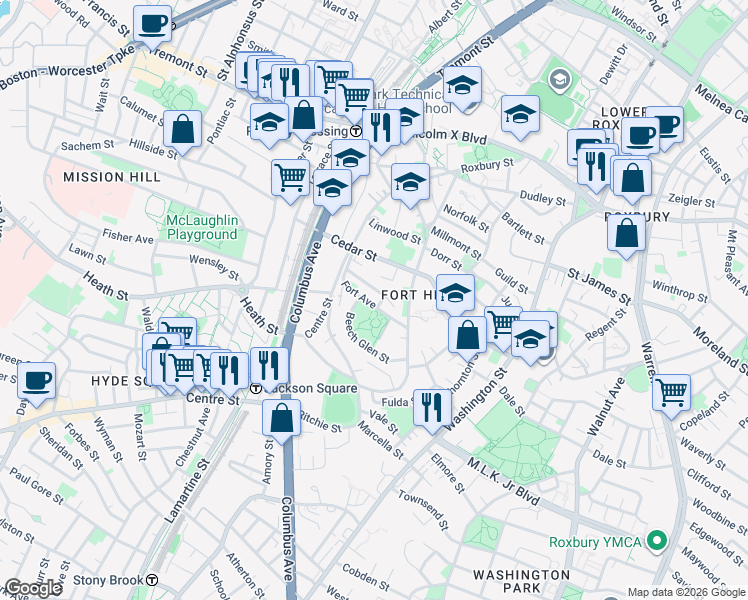 map of restaurants, bars, coffee shops, grocery stores, and more near 17 Fort Avenue in Boston