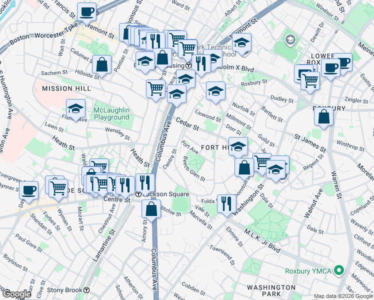 map of restaurants, bars, coffee shops, grocery stores, and more near 21 Beech Glen Street in Boston