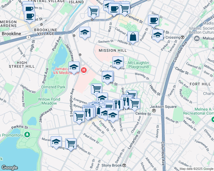 map of restaurants, bars, coffee shops, grocery stores, and more near 23 Day Street in Boston