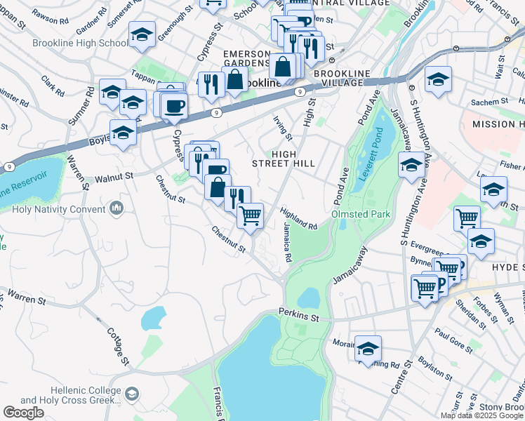 map of restaurants, bars, coffee shops, grocery stores, and more near 191 High Street in Brookline