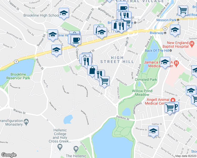 map of restaurants, bars, coffee shops, grocery stores, and more near 100 Franklin Street in Brookline