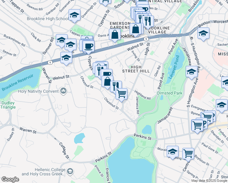 map of restaurants, bars, coffee shops, grocery stores, and more near 100 Franklin Street in Brookline