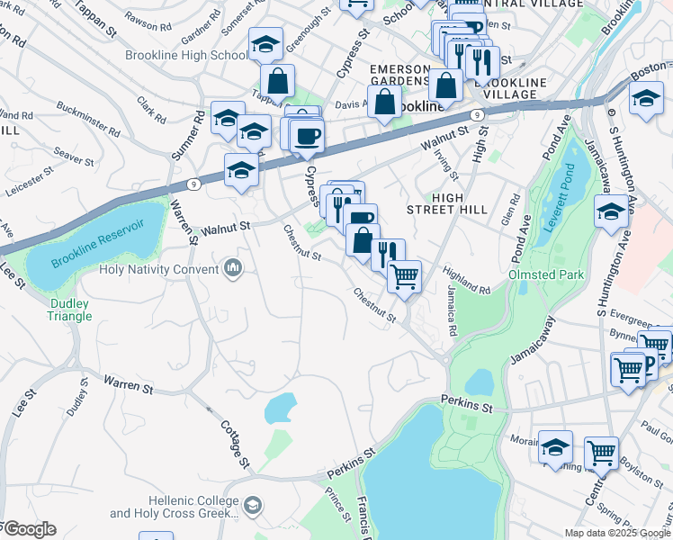 map of restaurants, bars, coffee shops, grocery stores, and more near 30 Sargent Beechwood in Brookline
