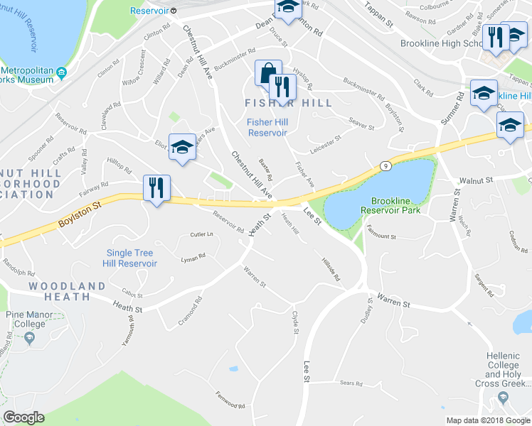 map of restaurants, bars, coffee shops, grocery stores, and more near 35 Heath Street in Brookline