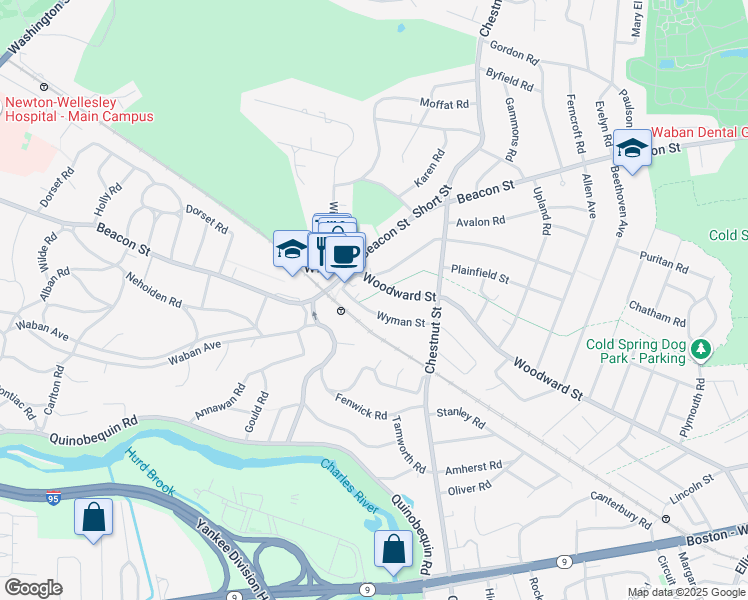 map of restaurants, bars, coffee shops, grocery stores, and more near 52 Wyman Street in Newton