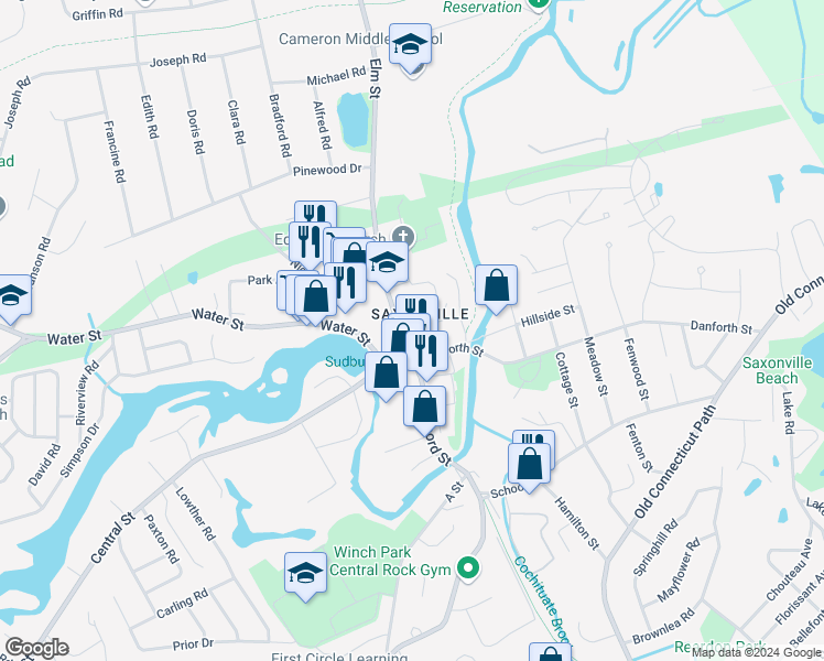 map of restaurants, bars, coffee shops, grocery stores, and more near 3 Elm Street in Framingham