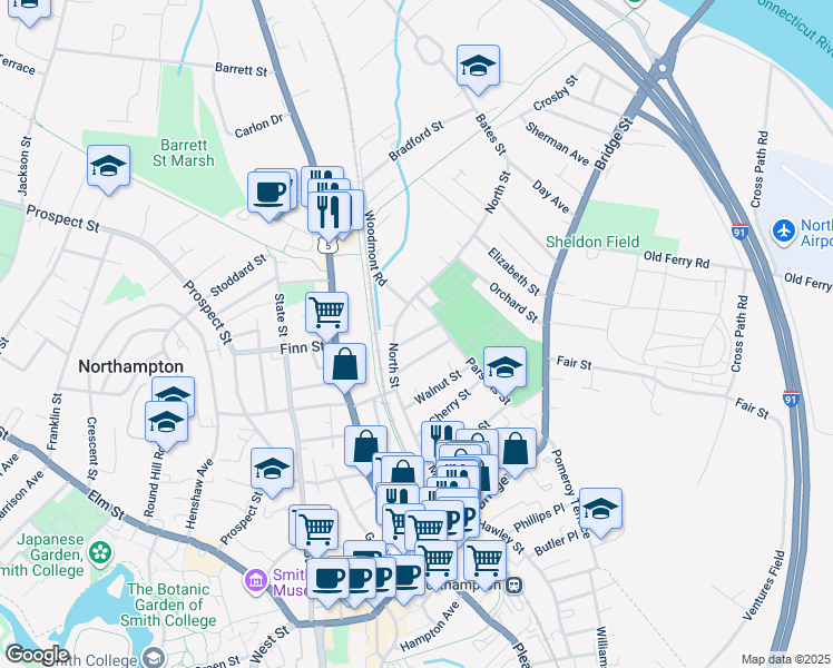 map of restaurants, bars, coffee shops, grocery stores, and more near 10 Linden Street in Northampton