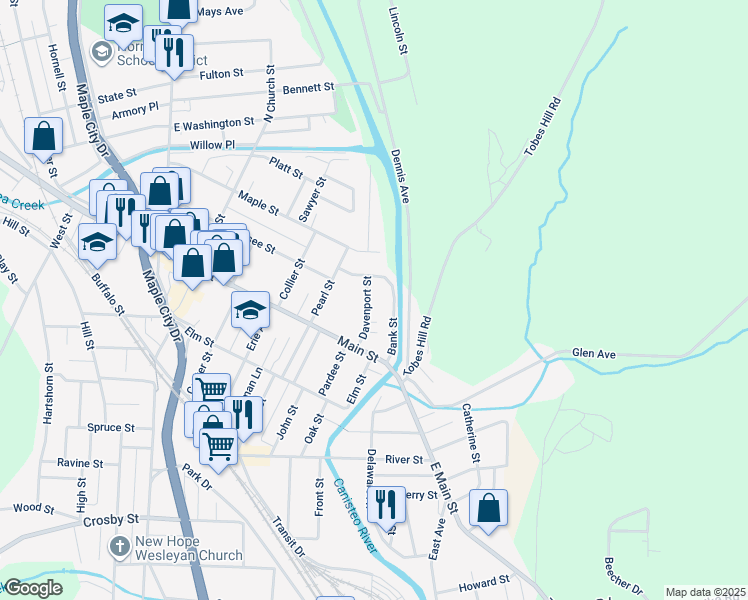 map of restaurants, bars, coffee shops, grocery stores, and more near 25 Davenport Street in Hornell