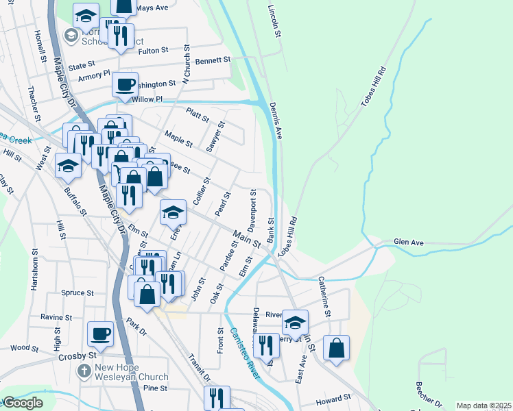 map of restaurants, bars, coffee shops, grocery stores, and more near 25 Davenport Street in Hornell