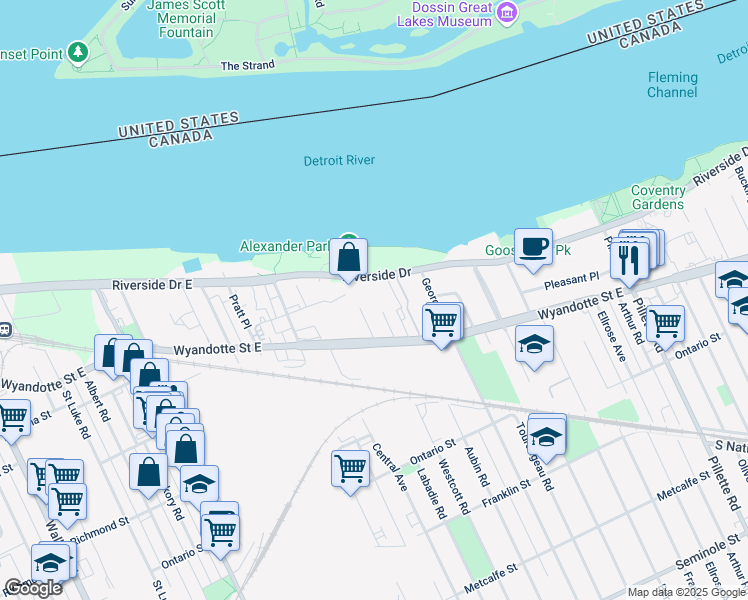 map of restaurants, bars, coffee shops, grocery stores, and more near 255 Sterling Crescent in Windsor